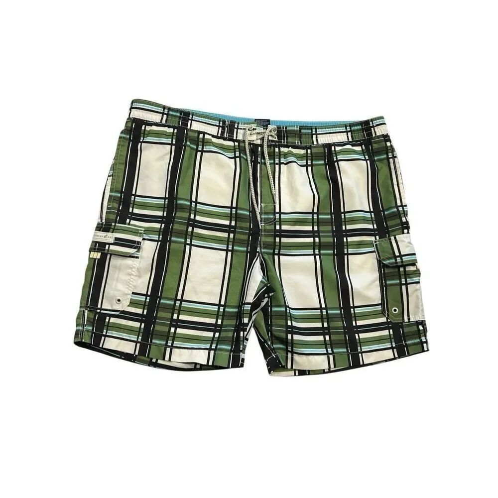Caribbean Joe Mens XL Swim Trunks Green Plaid Cargo Shorts Mesh Lined